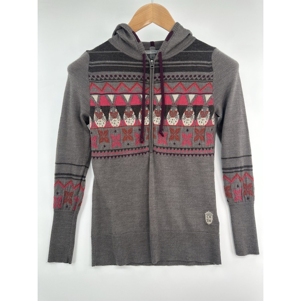 SmartWool Sweater Women's S Brown Black Hooded Half Zip Wool Pullover